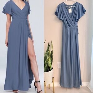 David's Bridal Steel Blue Wrap Gown with Slit bridesmaid or wedding guest dress